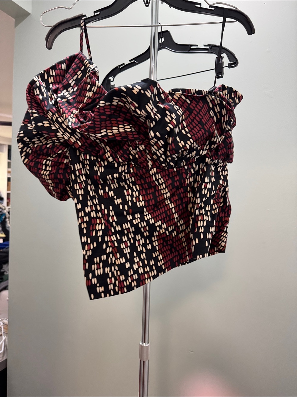 White House Black Market Black & Burgundy Printed Ruffle Bustier Camisole